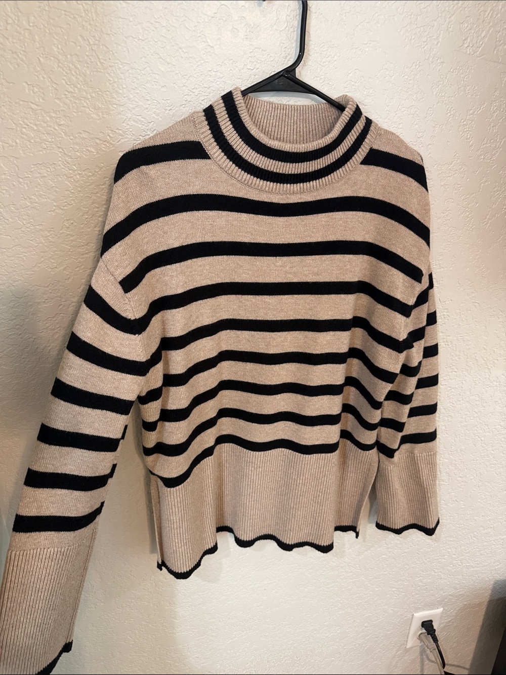 Striped Beige and Black Turtleneck Sweater